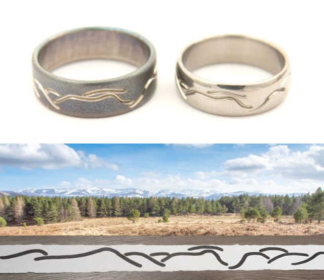 Unique Cairngorms Mountains Wedding Rings in Titanium